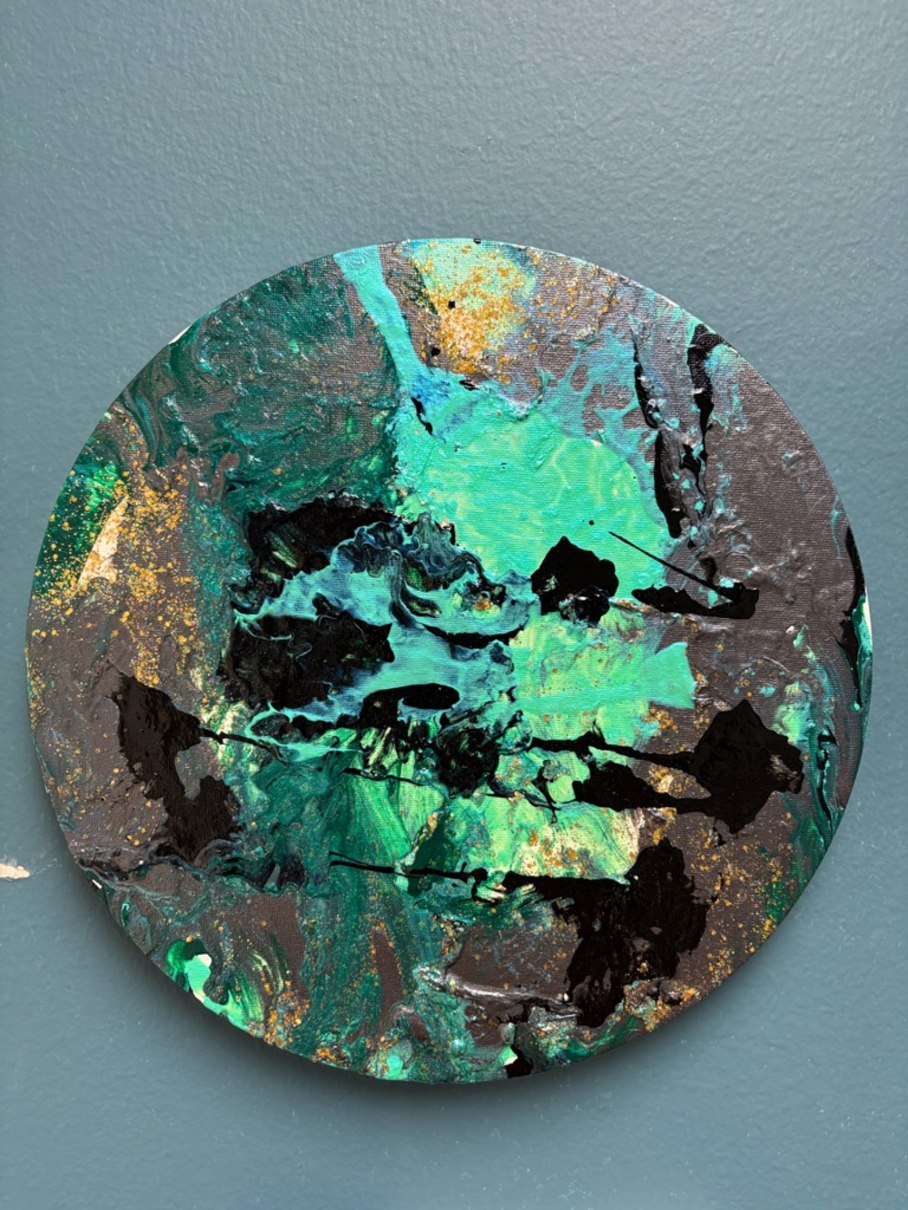 Round Abstract Pour Painting in Teal, Black & Gold